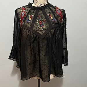Rebellion Black Sheer Top with Floral Embroidery